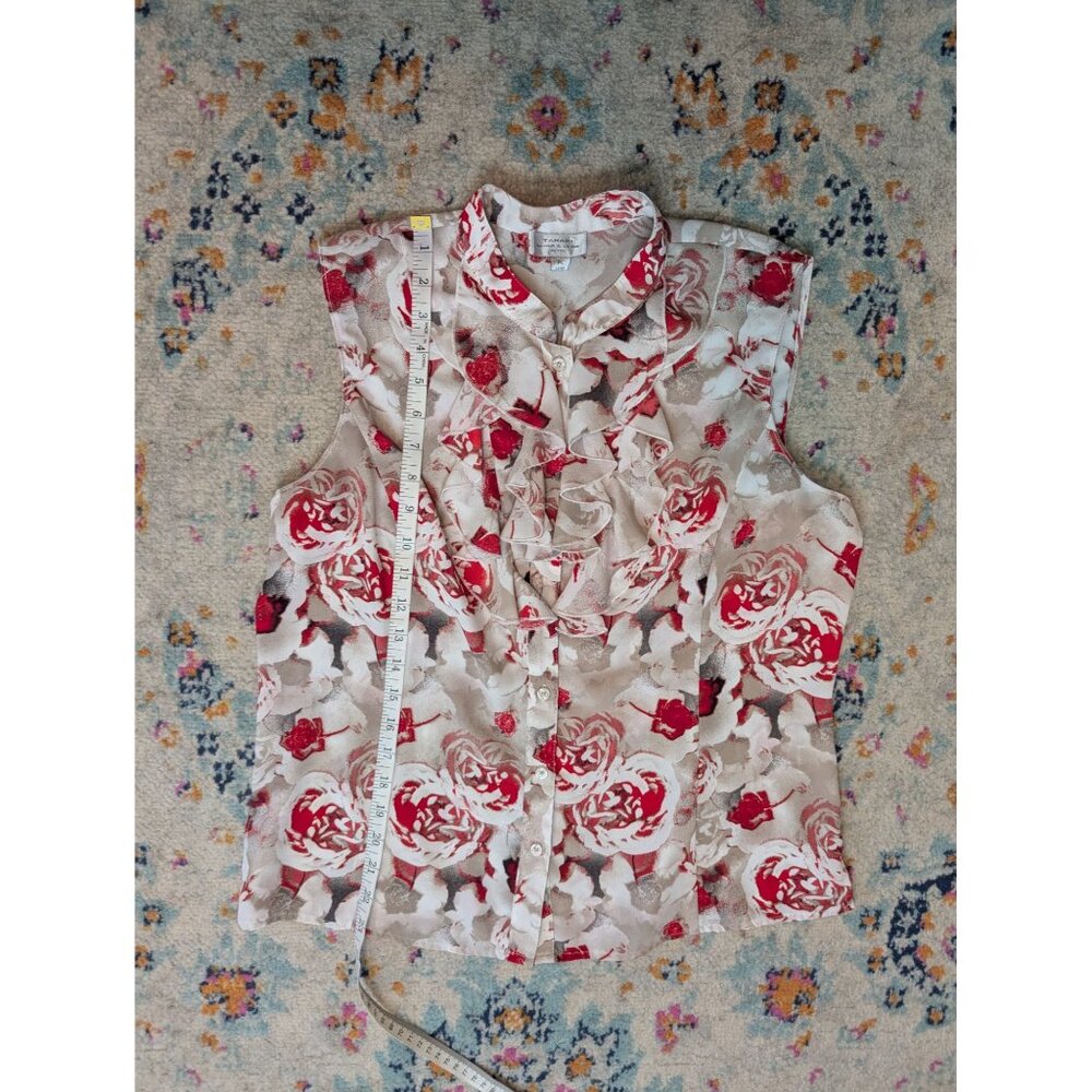 Tahari ASL‎ Petite Gray and Red Floral Ruffle Button-Down Sleeveless Blouse - PL - Picture 7 of 8
